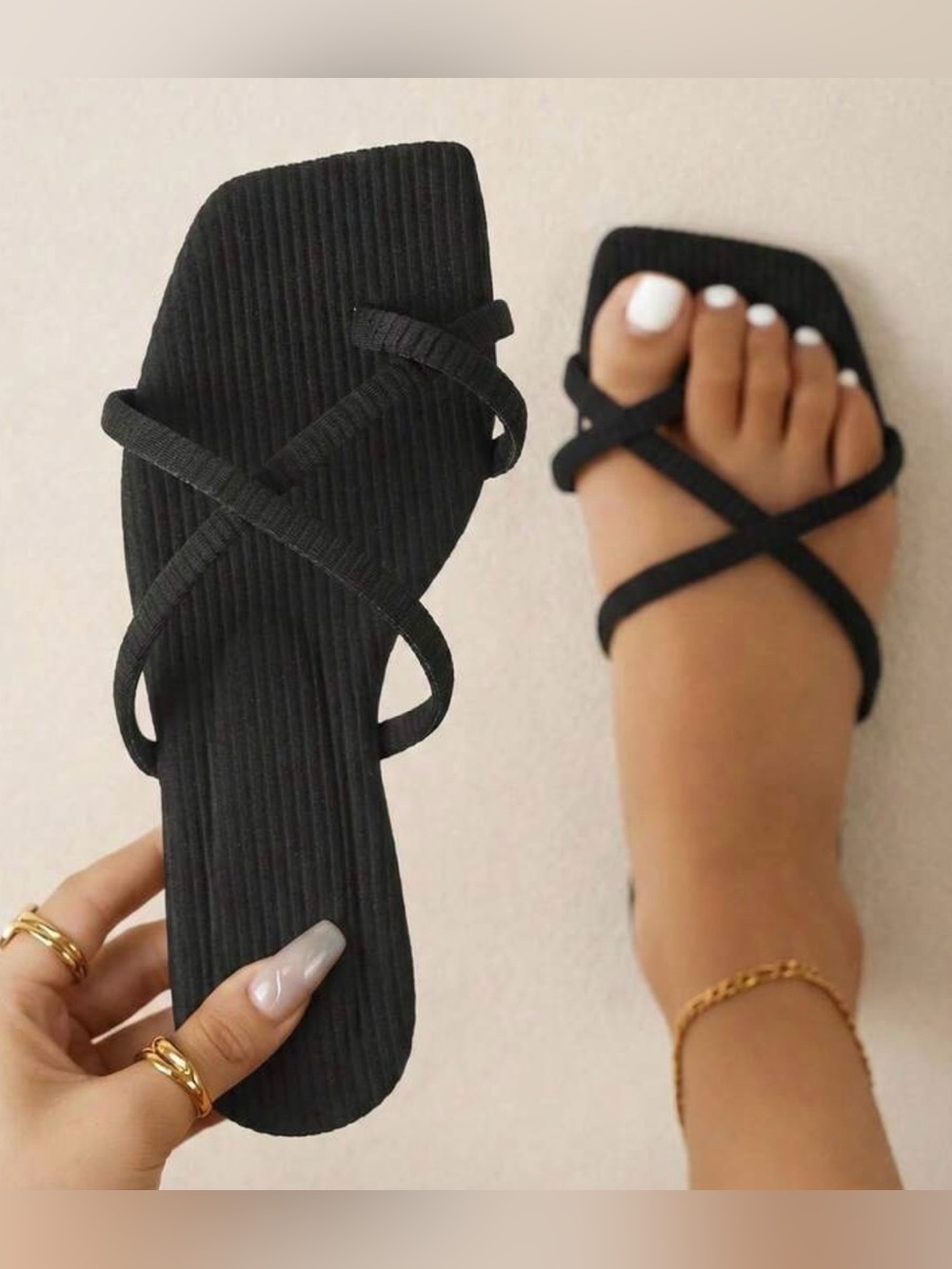 Classic Strappy Square-Toe Black Women's Sandals